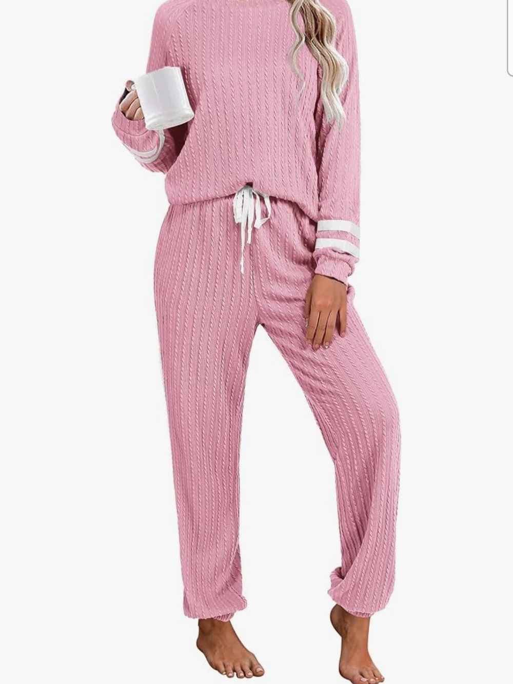 Women's Pink Ribbed Drawstring Lounge Jogger Set -Size L